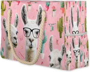 cfpolar Beach Bags for Women, Sandproof Beach Bag, Pink Alpaca Cactus Waterproof Tote Pool Swim Bags with Wet Pocket, Travel Reusable Grocery Shopping Shoulder for Weekender Gifts Gym