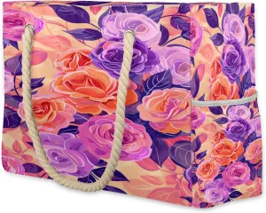 cfpolar Beach Bags for Women, Sandproof Beach Bag, Rose Flower Waterproof Tote Pool Swim Bags with Wet Pocket, Travel Reusable Grocery Shopping Shoulder for Weekender Gifts Gym,A166
