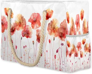 cfpolar Beach Bags for Women, Sandproof Beach Bag, Watercolor Flower Poppy Waterproof Tote Pool Swim Bags with Wet Pocket, Travel Reusable Grocery Shopping Shoulder for Weekender Gifts Gym,A203