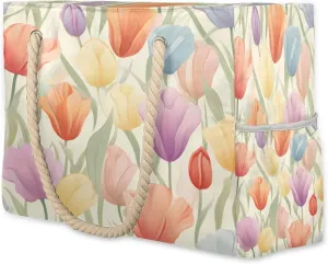 cfpolar Beach Bags for Women, Sandproof Beach Bag, Watercolor Tulip Waterproof Tote Pool Swim Bags with Wet Pocket, Travel Reusable Grocery Shopping Shoulder for Weekender Gifts Gym,A235