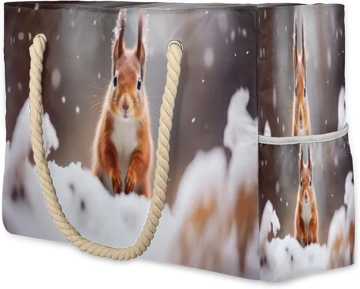 cfpolar Beach Bags for Women, Sandproof Beach Bag, Winter Squirrel Waterproof Tote Pool Swim Bags with Wet Pocket, Travel Reusable Grocery Shopping Shoulder for Weekender Gifts Gym
