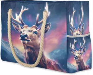 cfpolar Beach Bags for Women, Starry Sky Deer Sandproof Beach Bag, Waterproof Tote Pool Swim Bags with Wet Pocket, Travel Reusable Grocery Shopping Shoulder for Weekender Gifts Gym