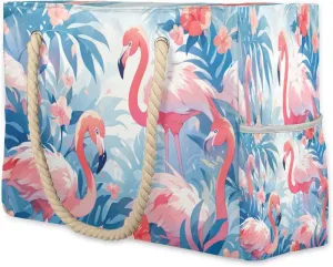 cfpolar Beach Bags for Women, Watercolor Flamingo Tropical Sandproof Beach Bag, Waterproof Tote Pool Swim Bags with Wet Pocket, Travel Reusable Grocery Shopping Shoulder for Weekender Gifts Gym