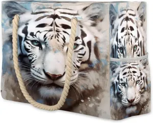 cfpolar Beach Bags for Women, White Tiger Sandproof Beach Bag, Waterproof Tote Pool Swim Bags with Wet Pocket, Travel Reusable Grocery Shopping Shoulder for Weekender Gifts Gym