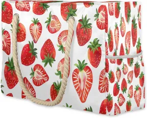 cfpolar Strawberry Theme 3 Beach Bag for Women Ladies Large Beach Pool Tote Bag Sandproof Beach Tote with Zipper Gym Tote Carry On Bag Reusable Grocery Shopping Bag for Weekender Travel Daily