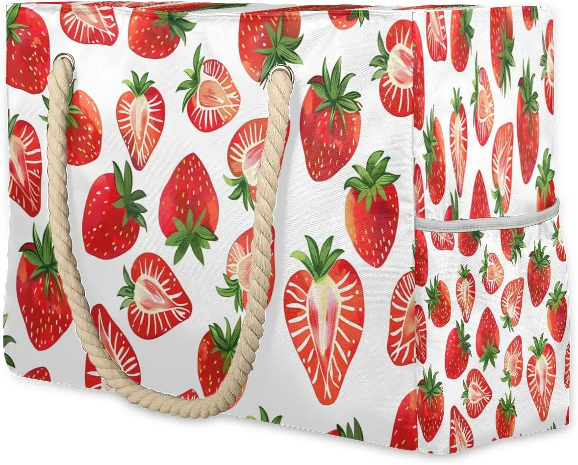 cfpolar Strawberry Theme 3 Beach Bag for Women Ladies Large Beach Pool Tote Bag Sandproof Beach Tote with Zipper Gym Tote Carry On Bag Reusable Grocery Shopping Bag for Weekender Travel Daily