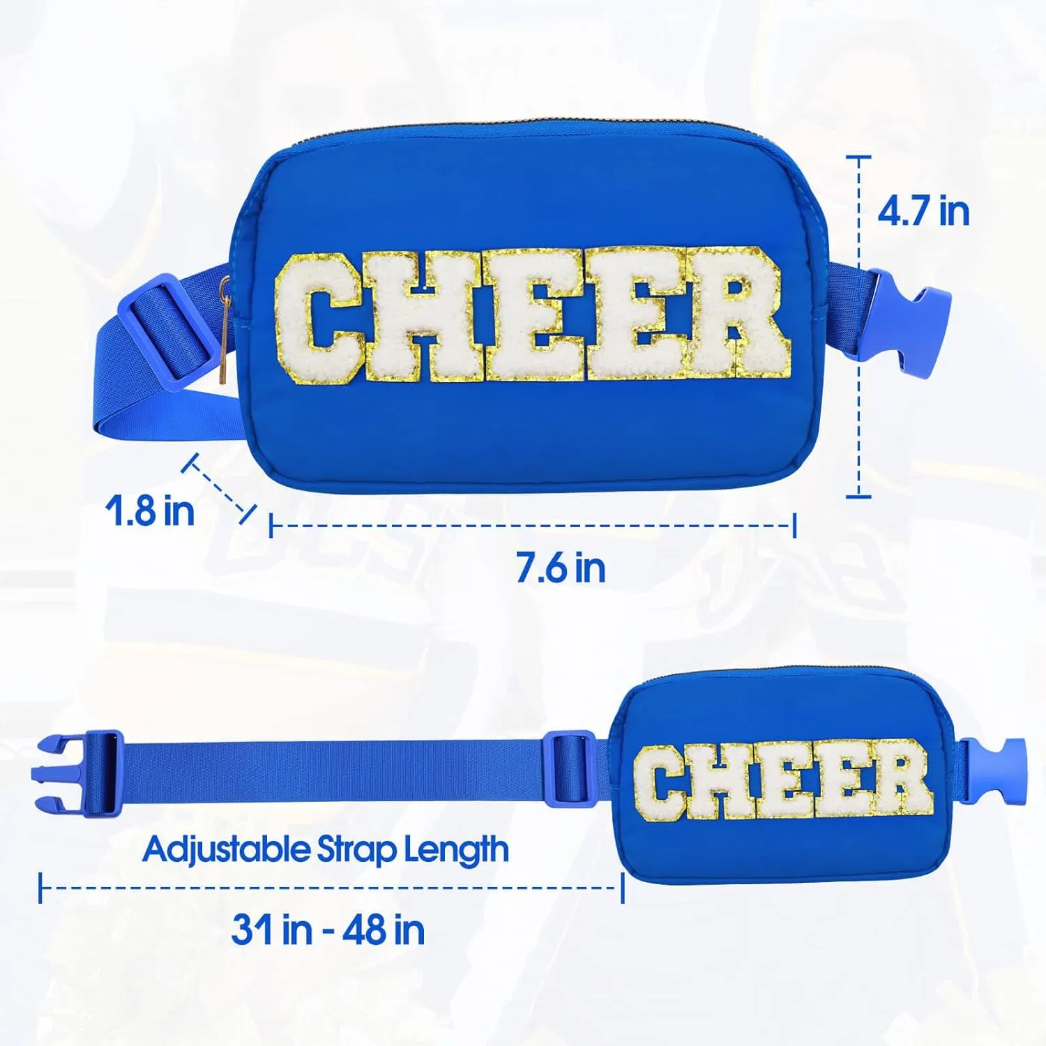 Cheer Bag Blue Fanny Pack for Girls Cheer Chenille Letter Bags, Nylon Belt Bag for Cheerleader Girl Women Birthday Christmas Gift