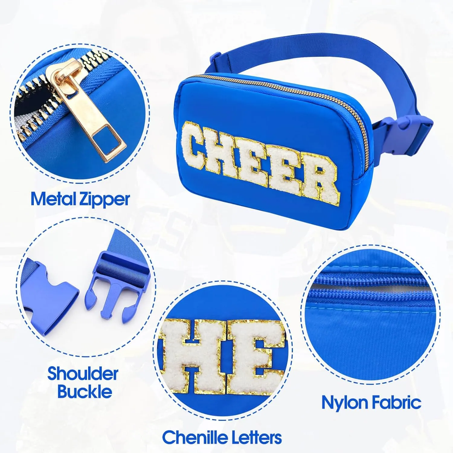 Cheer Bag Blue Fanny Pack for Girls Cheer Chenille Letter Bags, Nylon Belt Bag for Cheerleader Girl Women Birthday Christmas Gift