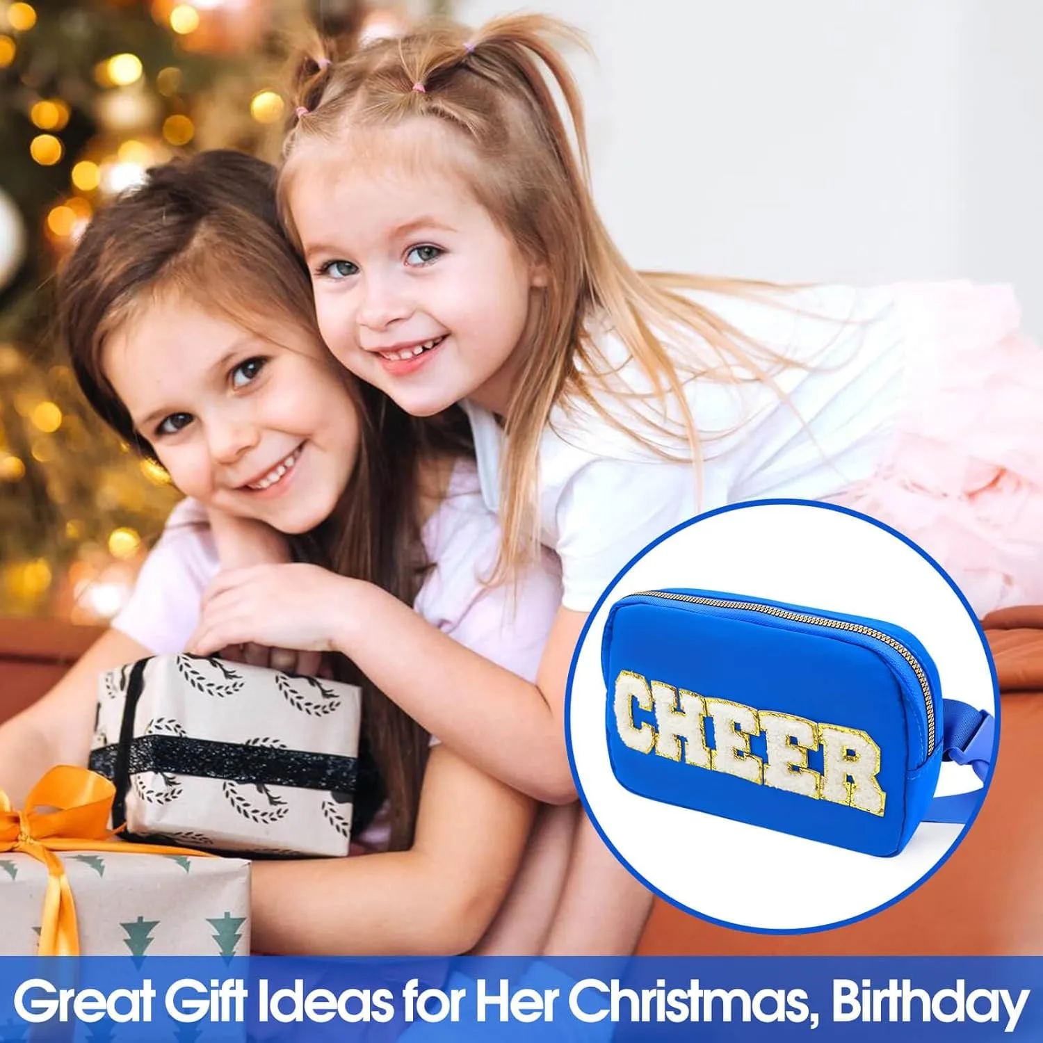 Cheer Bag Blue Fanny Pack for Girls Cheer Chenille Letter Bags, Nylon Belt Bag for Cheerleader Girl Women Birthday Christmas Gift