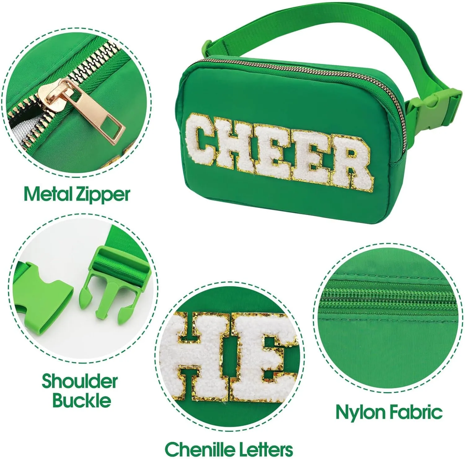Cheer Bag Green Fanny Pack for Girls Cheer Chenille Letter Bags, Nylon Belt Bag for Cheerleader Girl Women Birthday Christmas Gift