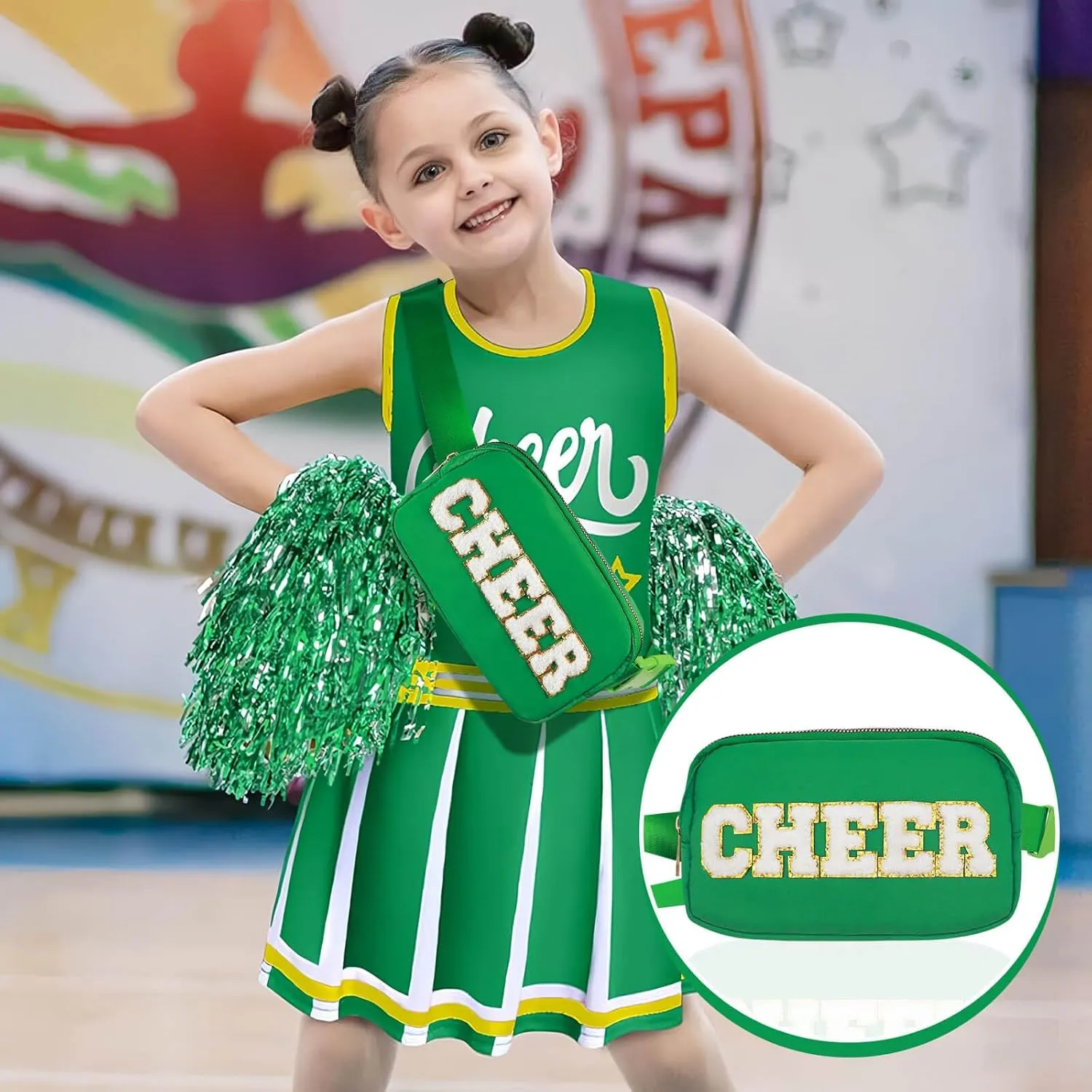 Cheer Bag Green Fanny Pack for Girls Cheer Chenille Letter Bags, Nylon Belt Bag for Cheerleader Girl Women Birthday Christmas Gift
