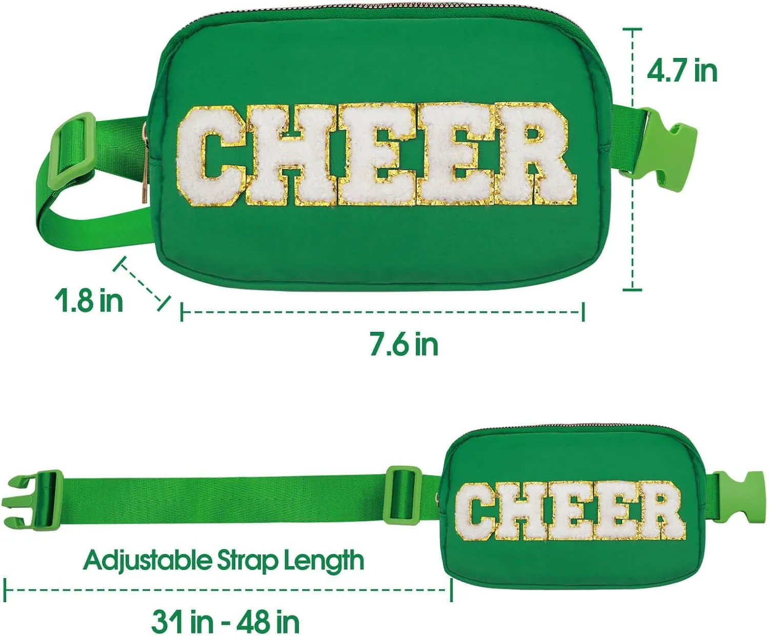 Cheer Bag Green Fanny Pack for Girls Cheer Chenille Letter Bags, Nylon Belt Bag for Cheerleader Girl Women Birthday Christmas Gift