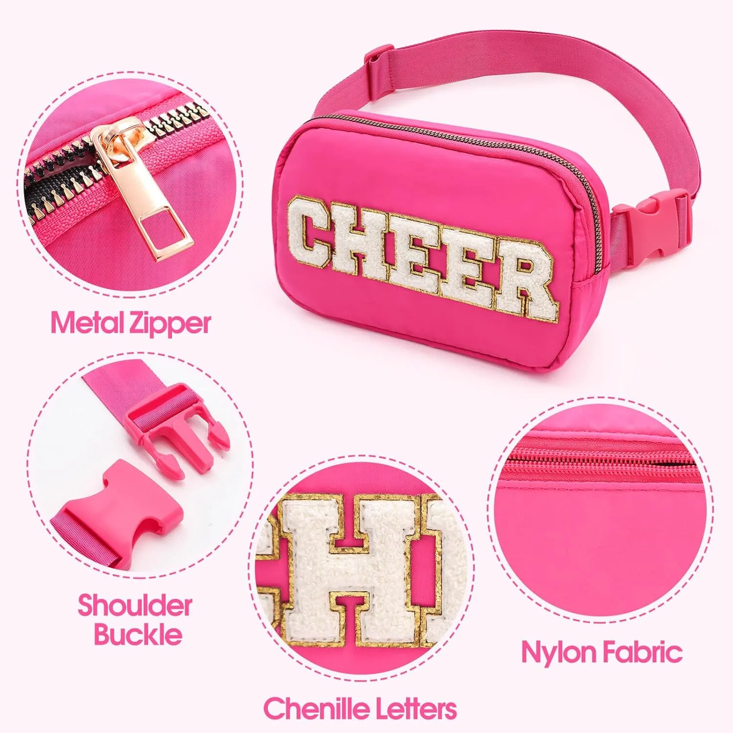 Cheer Bag Pink Fanny Pack for Girls Cheer Chenille Letter Bags,Travel Nylon Belt Bag for Cheerleader Girl Women Birthday Christmas Gift (CHEER Letter, Pink)
