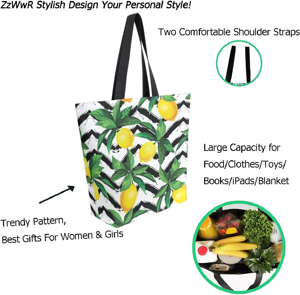 Chic Cute Fashion Style Pattern Extra Large Shoulder Tote Bag for Beach Travel Weekender Gym Grocery Shopping