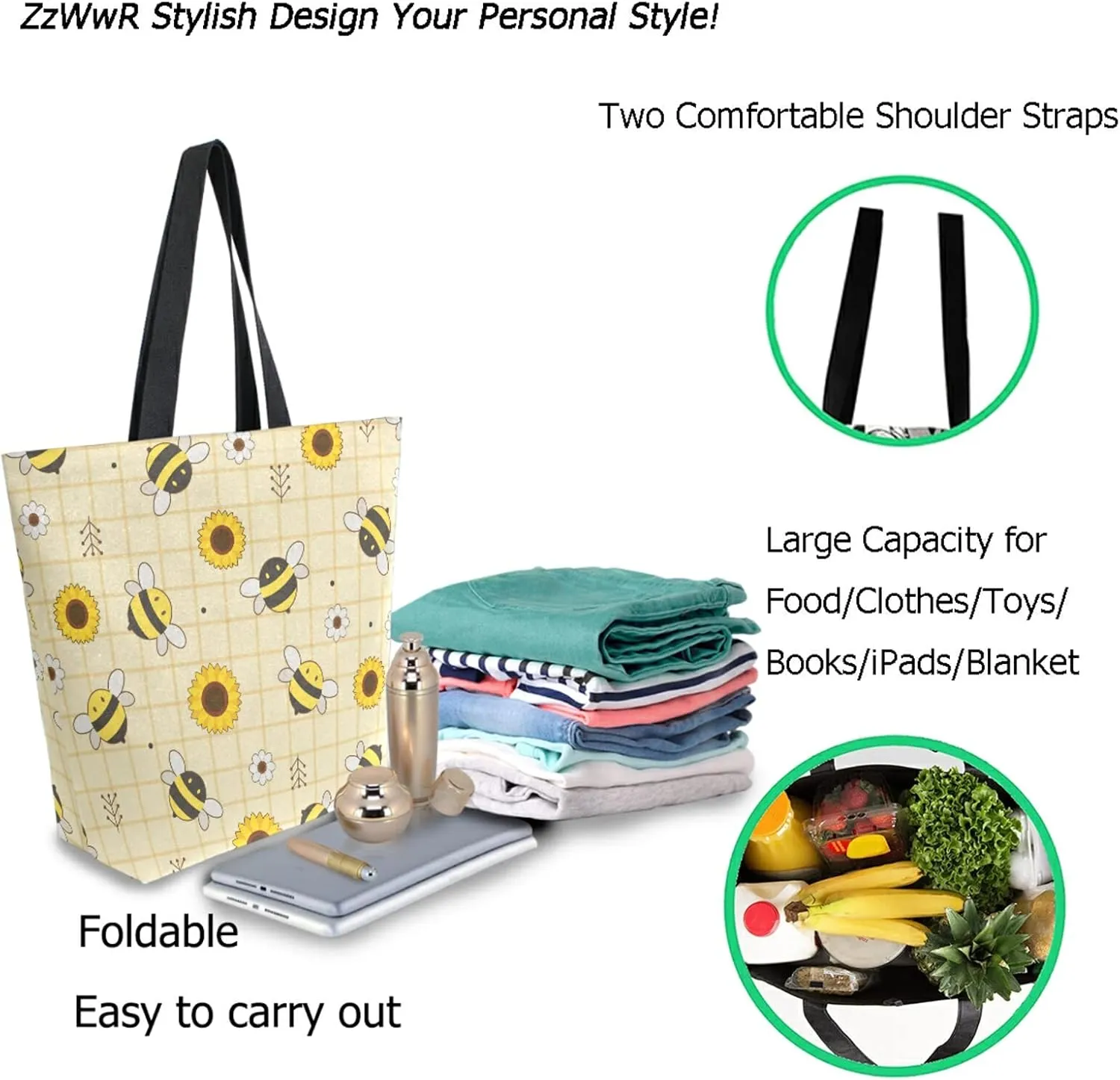 Chic Cute Fashion Style Pattern Extra Large Shoulder Tote Bag for Beach Travel Weekender Gym Grocery Shopping