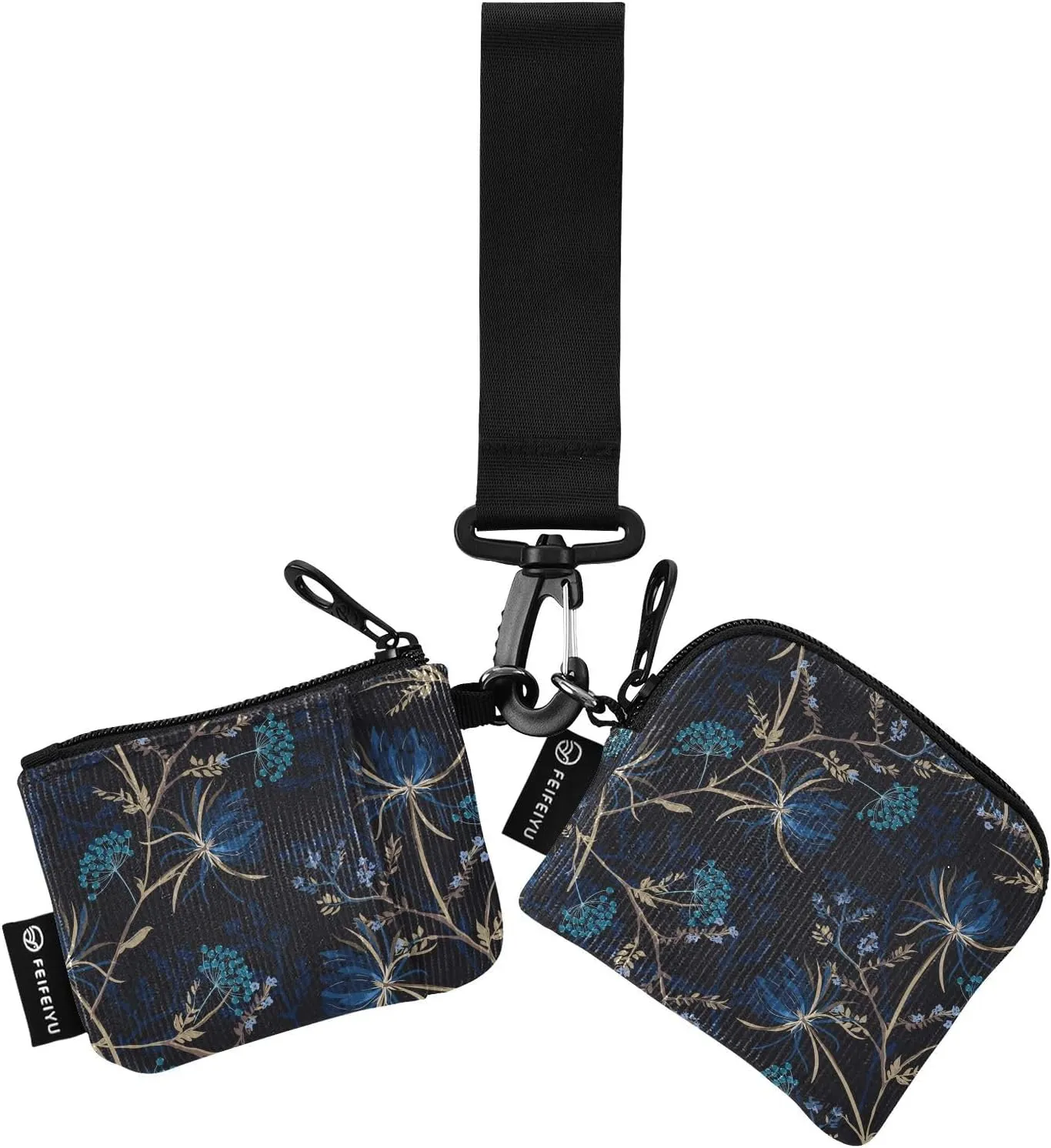Chic Dark Blue Flowers Wristlet Keychain Wallets for Women Portable Small Coin Purse