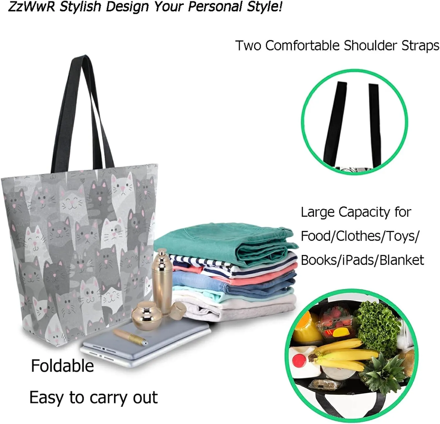 Chic Fashion Pattern Printed Extra Large Shoulder Tote Bag for Beach Travel Weekender Gym Grocery Shopping