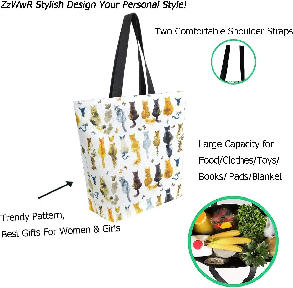 Chic Lifelike Pattern Extra Large Shoulder Tote Bag for Beach Travel Weekender Gym Grocery Shopping