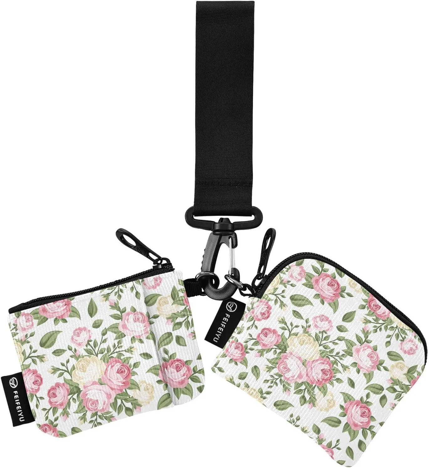 Chic Pink Rose Flower Wristlet Keychain Wallets for Women Portable Small Coin Purses