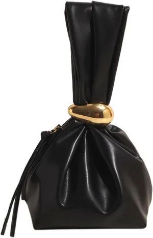 Chic Wristlet Purse Leather Handbag for Women Girl Metal Knot Party Clutch Zipper Mini Bucket Bags, Black