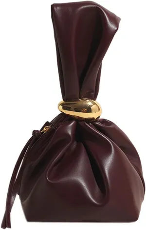 Chic Wristlet Purse Leather Handbag for Women Girl Metal Knot Party Clutch Zipper Mini Bucket Bags, Wine