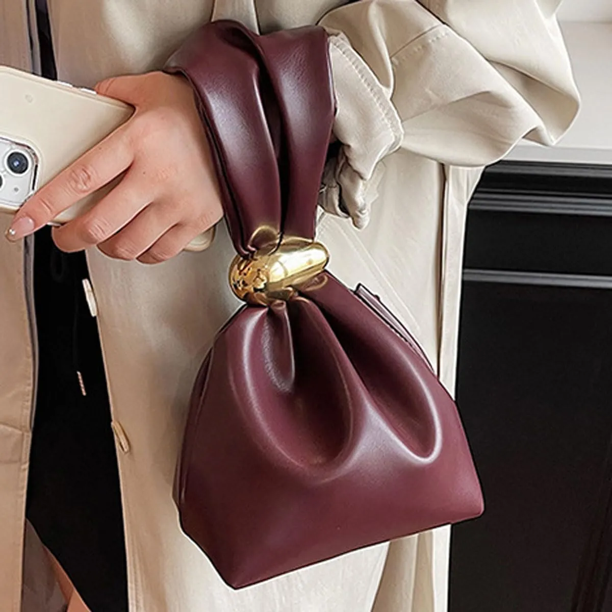 Chic Wristlet Purse Leather Handbag for Women Girl Metal Knot Party Clutch Zipper Mini Bucket Bags, Wine