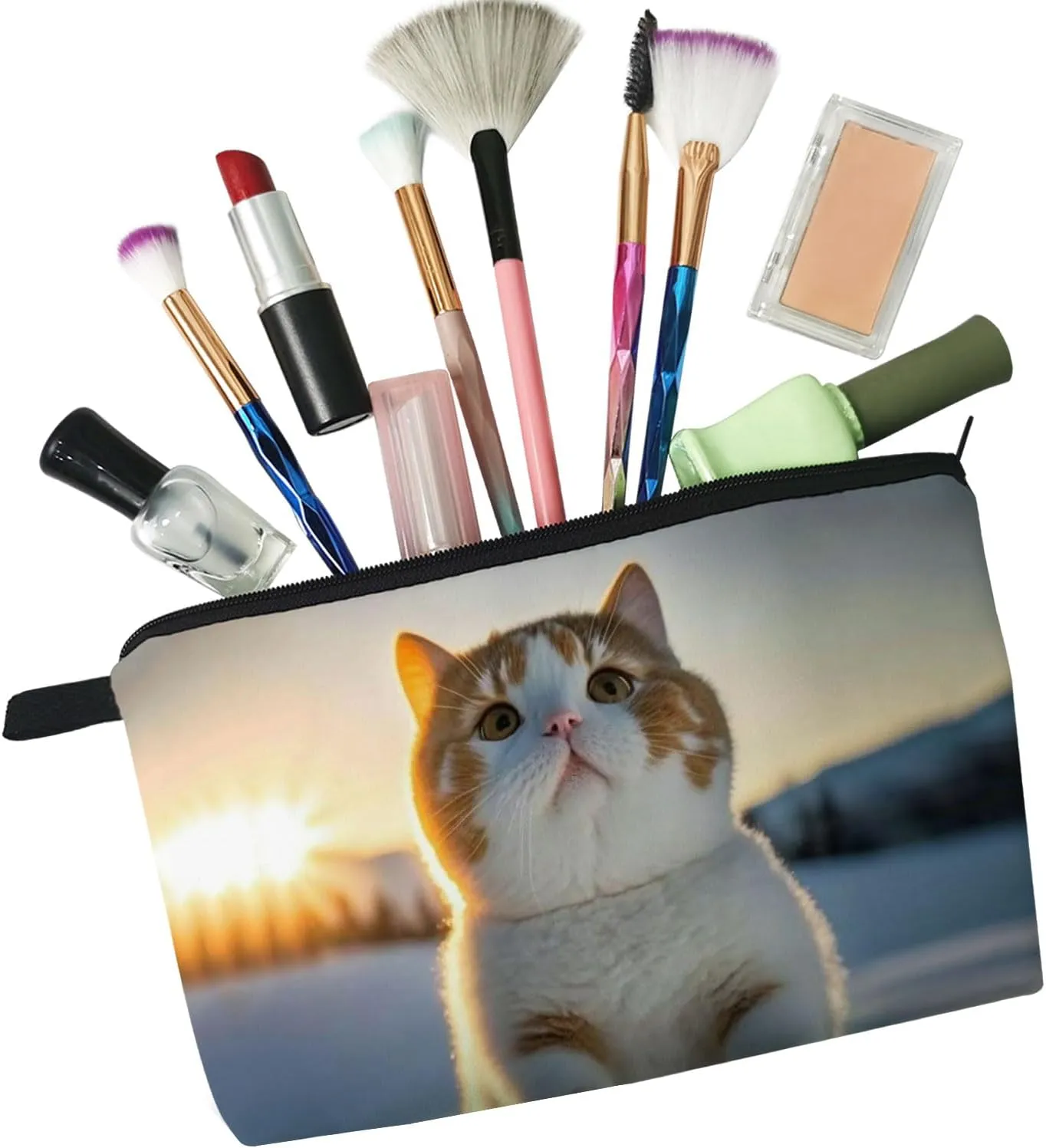 Chubby Cat Makeup Bag Kitten Organizer Zipper Pouch Cat In The Snow Cosmetic Bag Adorable Kitty Present for Cat Lovers Cat Mom Women Friends