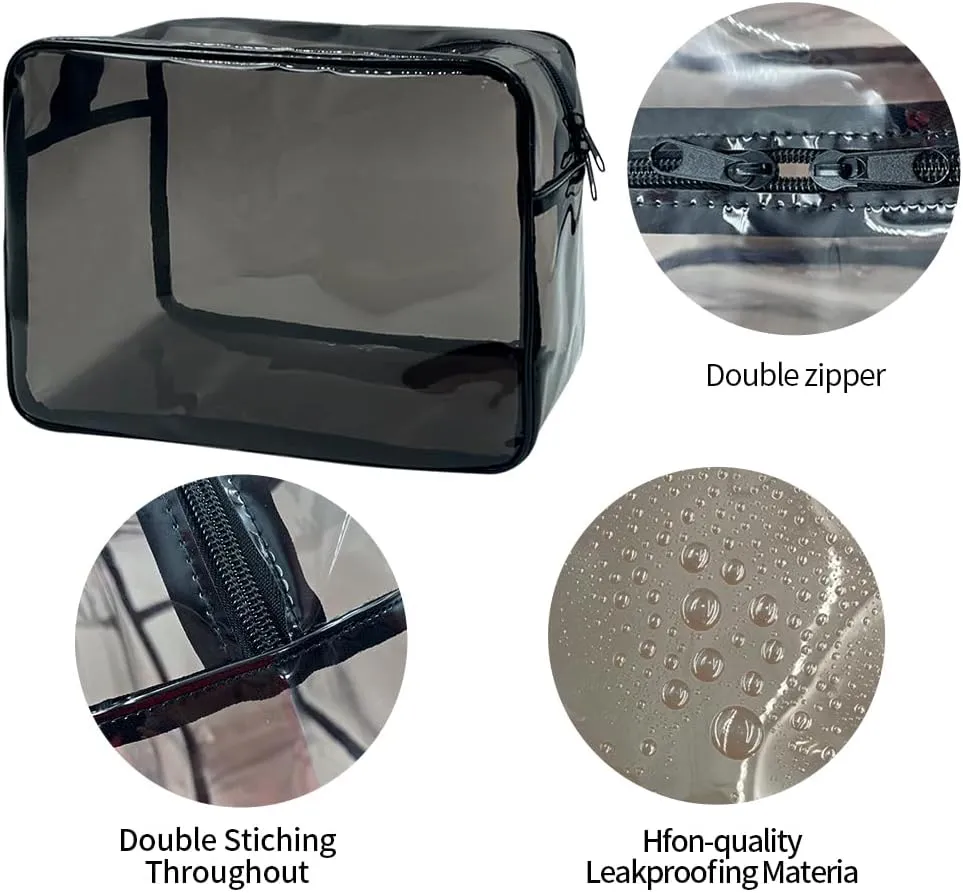 Clear Toiletry Bag, PVC Makeup Bag for Women, Spacious Clear Cosmetic & Toiletry PouchLarge Transparent Makeup Pouch for Travel (Black)