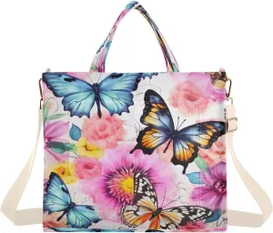 Colorful Butterfly Corduroy Tote Bag for Women Hobo Crossbody Bag Purse Stylish Shoulder Handbag Messenger Bags, S