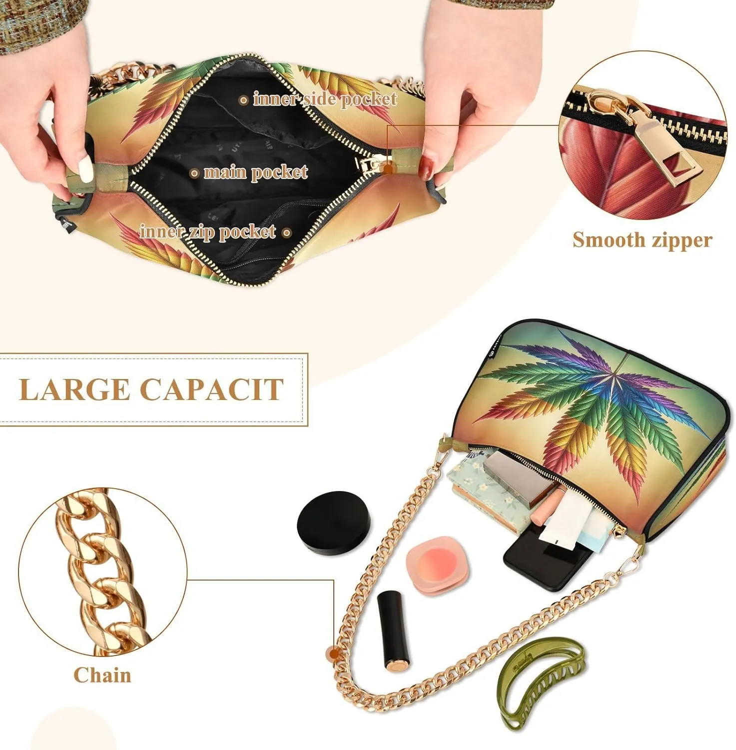 Colorful Leaf Shoulder Bag with Zipper, Crossbody Bags for Women Trendy