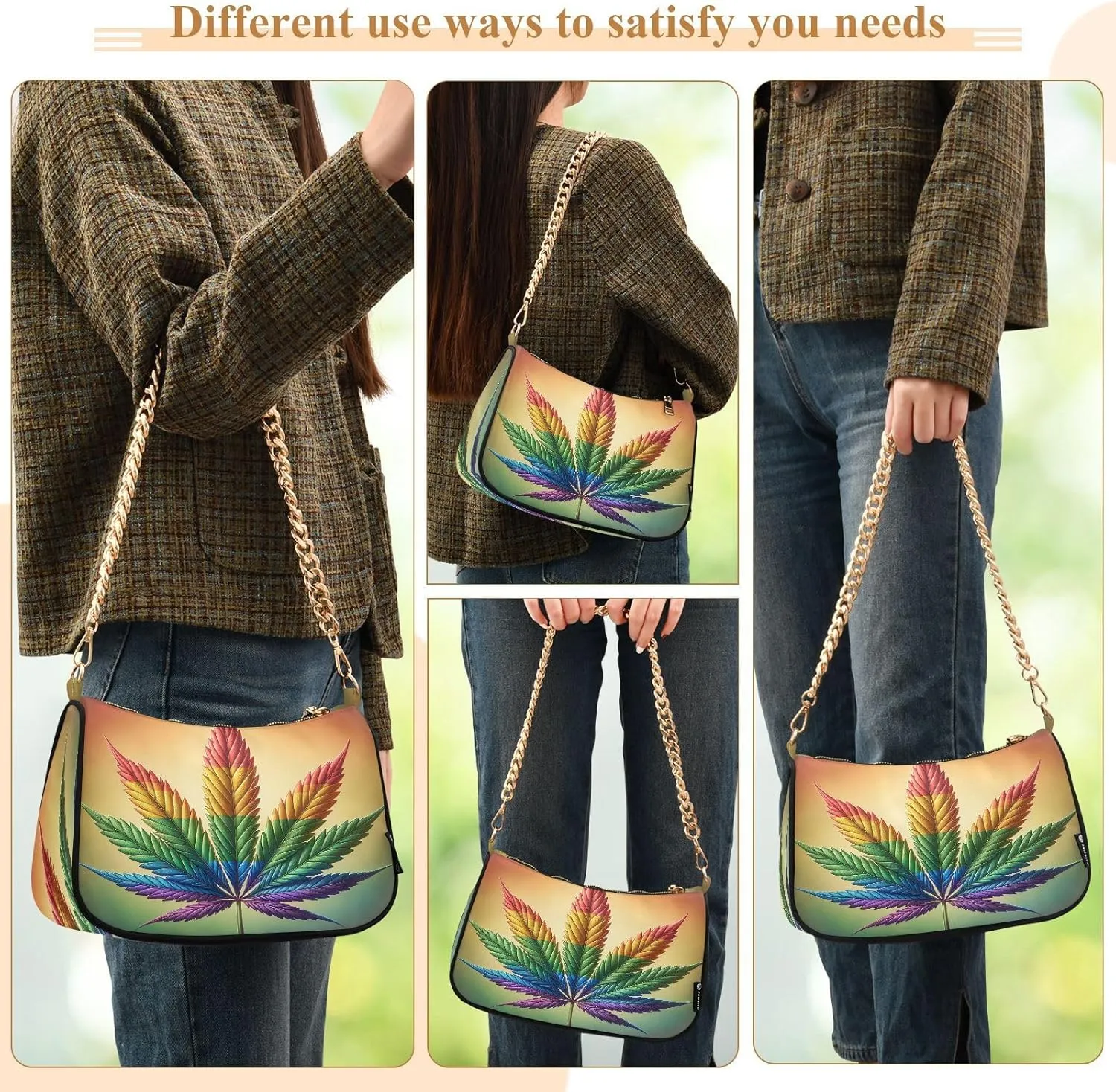 Colorful Leaf Shoulder Bag with Zipper, Crossbody Bags for Women Trendy