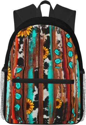 Country Western Sunflowers Turquoise Stone Wood Lightweight Comfort Backpack  Water-Resistant Casual Daypack, Spacious Travel Bag With Laptop Compartment For Work Hiking