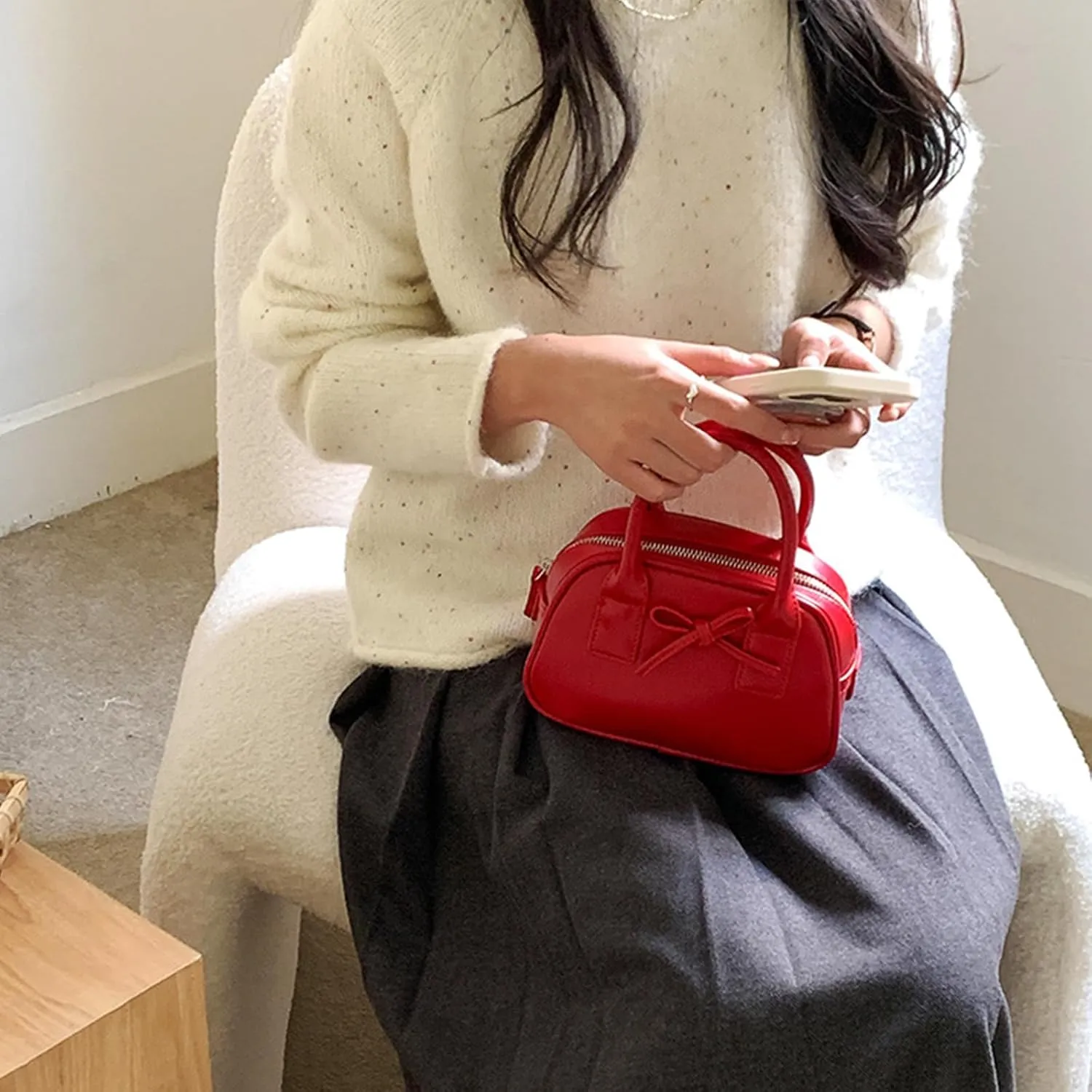 Creative Bows Aesthetic Shoulder Bag PU Leather Handbag Stylish Crossbody Bags Casual Satchel Purse For Everyday Use