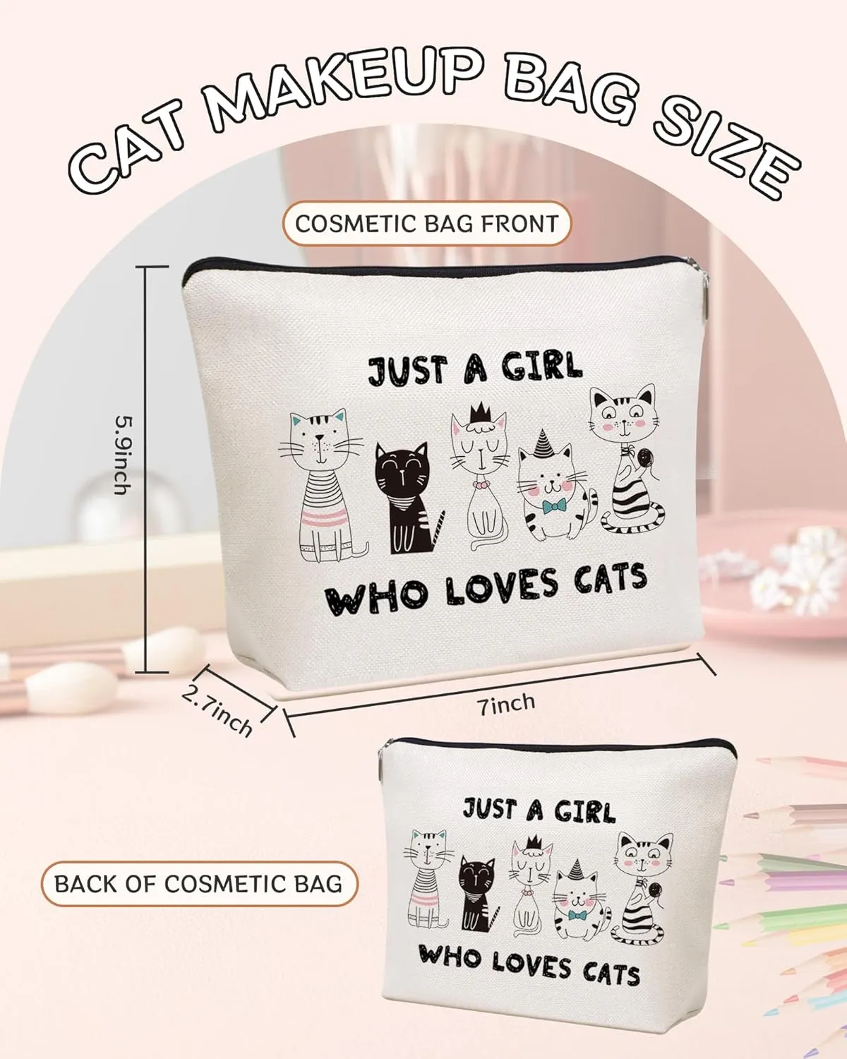 Cute Cat Makeup Bag Travel Cosmetic Zipper Pouch Funny Teen Girls Party Favor Bags Cat Lovers Themed Gifts for Women