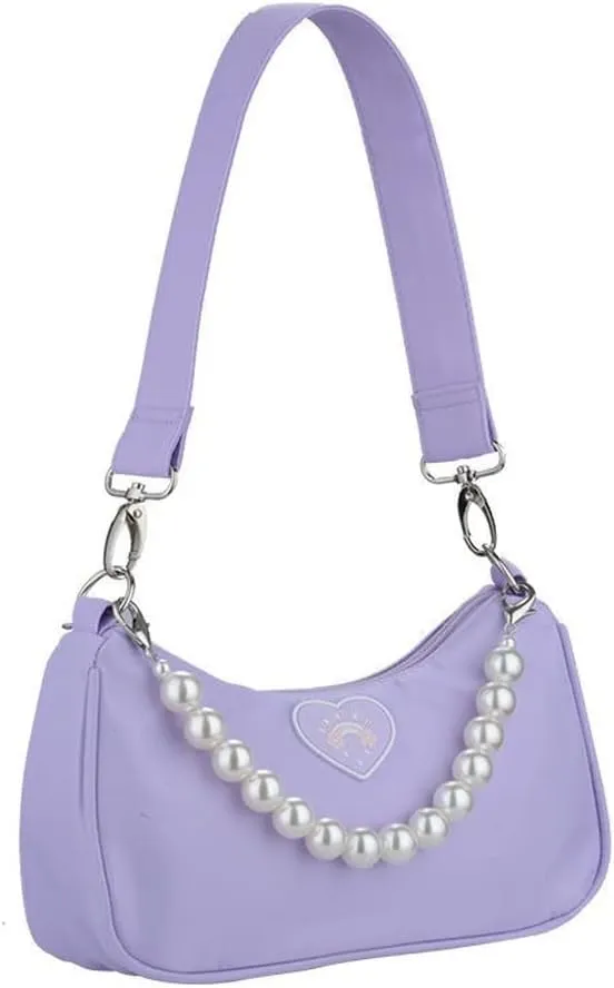 Cute Purple Small Shoulder Bag Teen Girl Women Harajuku Lady Handbag Chic Kawaii Hobo Bag Clutch Bucket Purse Pearl Chain