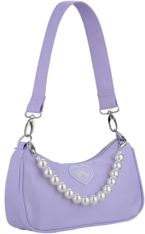 Cute Purple Small Shoulder Bag Teen Girl Women Harajuku Lady Handbag Chic Kawaii Hobo Bag Clutch Bucket Purse Pearl Chain