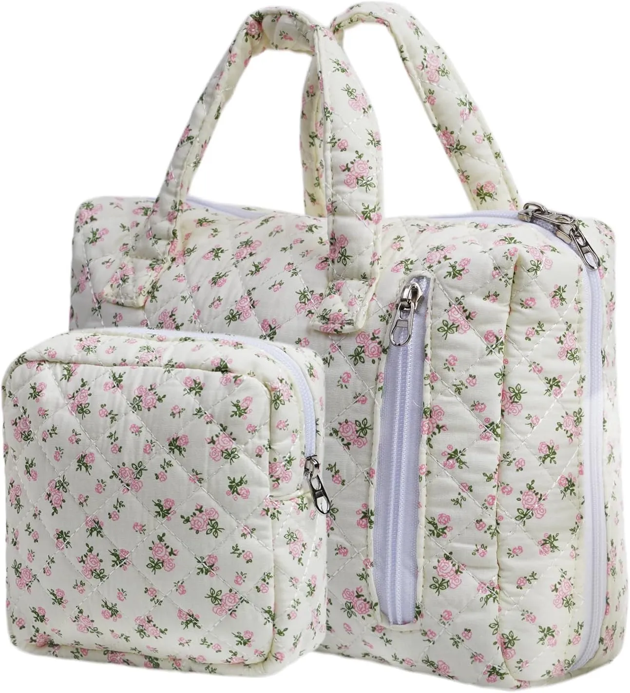 Cute Quilted Floral Makeup Bag(2Pcs)Coquette Aesthetic Cosmetic BagTravel Toiletry Bags Kawaii Aesthetic pouch for Women (12-Pink)