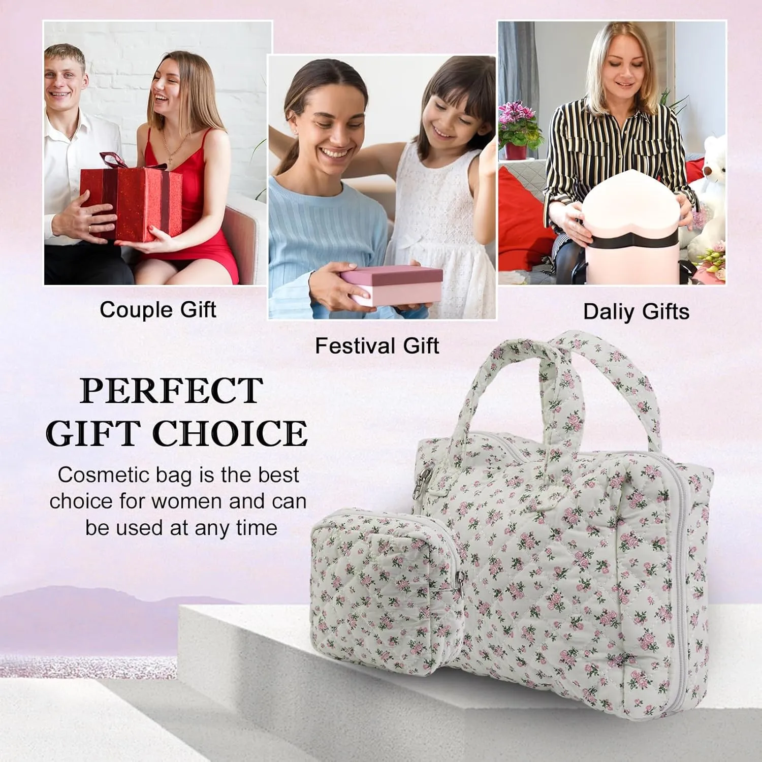Cute Quilted Floral Makeup Bag(2Pcs)Coquette Aesthetic Cosmetic BagTravel Toiletry Bags Kawaii Aesthetic pouch for Women (12-Pink)
