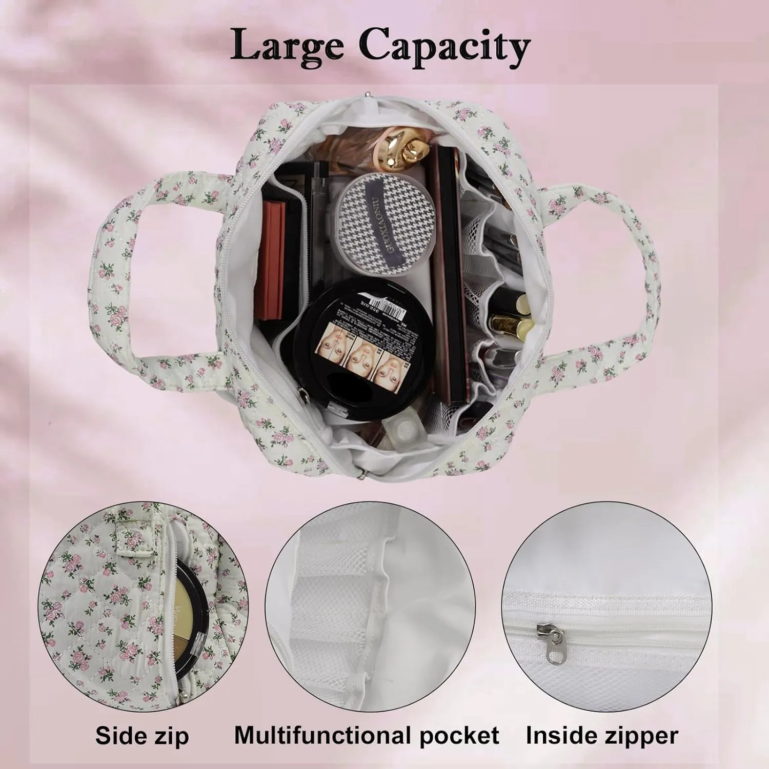 Cute Quilted Floral Makeup Bag(2Pcs)Coquette Aesthetic Cosmetic BagTravel Toiletry Bags Kawaii Aesthetic pouch for Women (12-Pink)