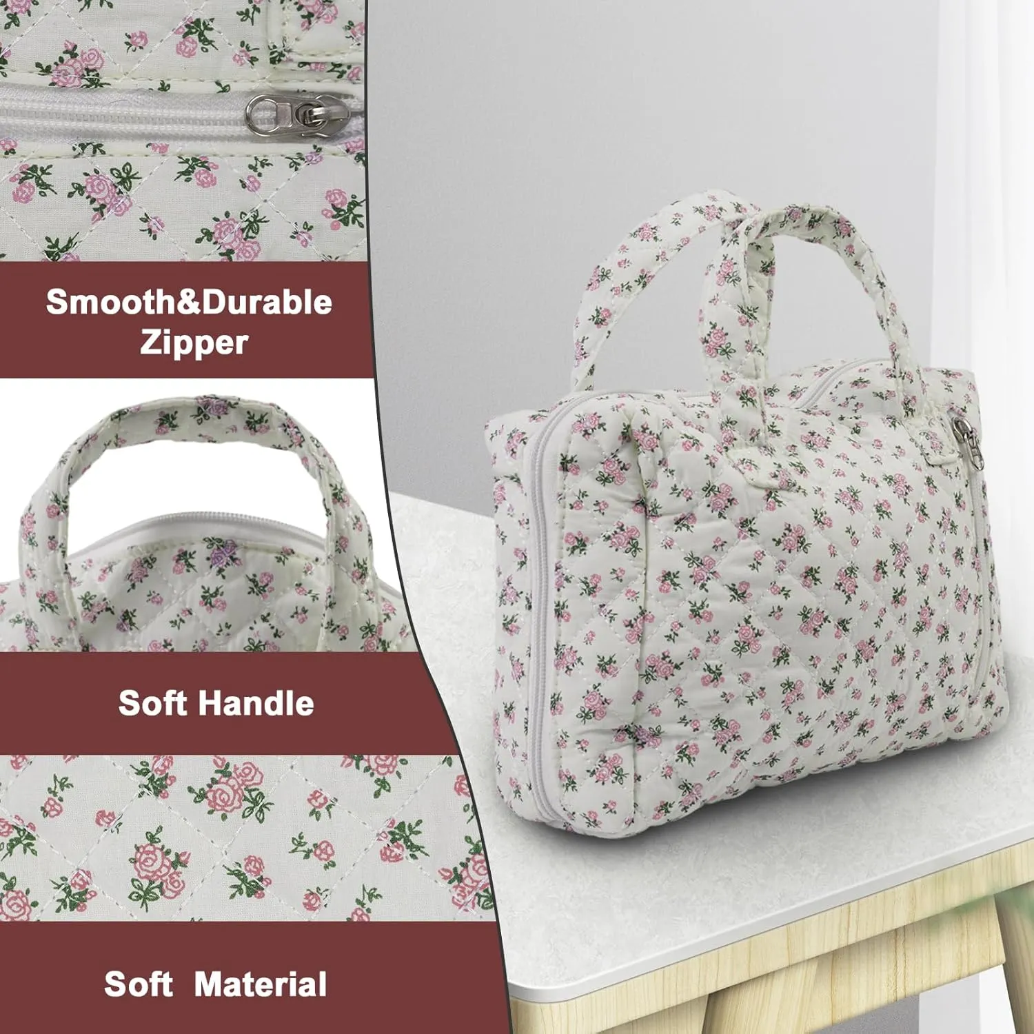 Cute Quilted Floral Makeup Bag(2Pcs)Coquette Aesthetic Cosmetic BagTravel Toiletry Bags Kawaii Aesthetic pouch for Women (12-Pink)