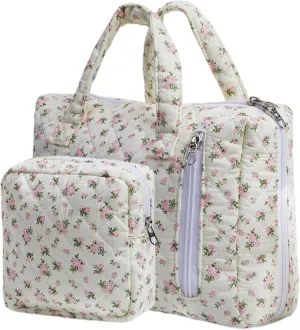 Cute Quilted Floral Makeup Bag(2Pcs)Coquette Aesthetic Cosmetic BagTravel Toiletry Bags Kawaii Aesthetic pouch for Women (12-Pink)