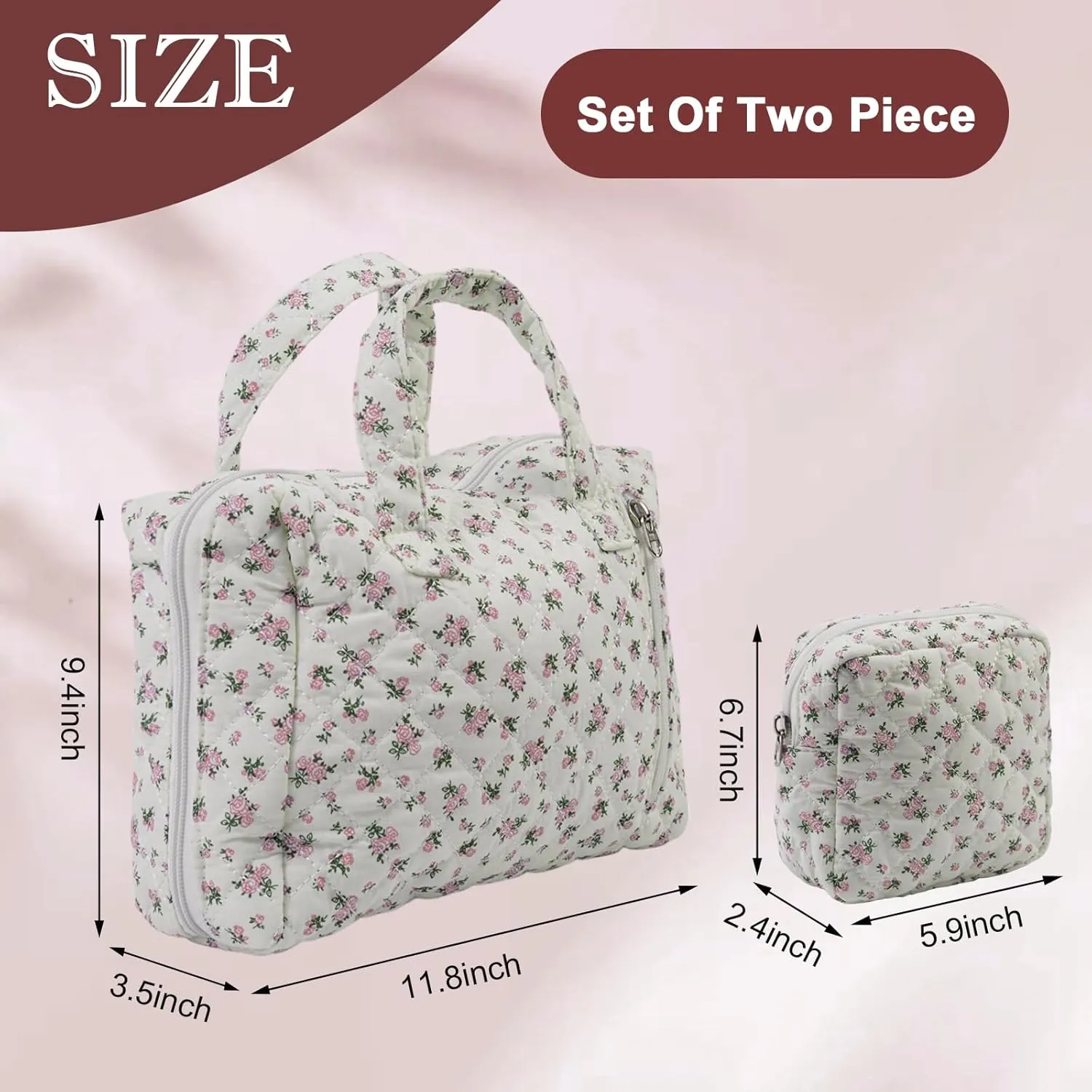 Cute Quilted Floral Makeup Bag(2Pcs)Coquette Aesthetic Cosmetic BagTravel Toiletry Bags Kawaii Aesthetic pouch for Women (12-Pink)