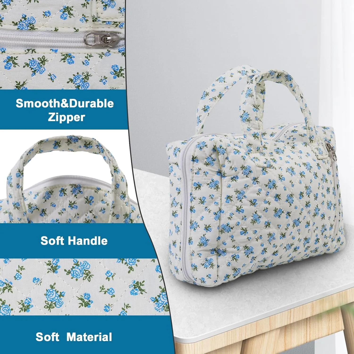 Cute Quilted Floral Makeup Bag(2Pcs)Coquette Aesthetic Cosmetic BagTravel Toiletry Bags Kawaii Aesthetic pouch for Women (13-Blue)
