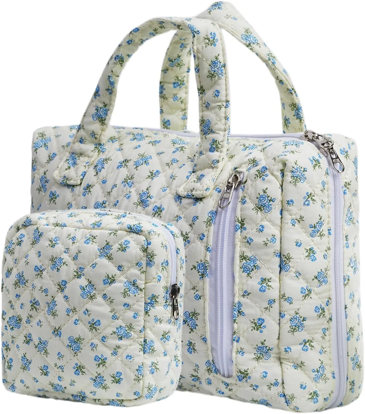Cute Quilted Floral Makeup Bag(2Pcs)Coquette Aesthetic Cosmetic BagTravel Toiletry Bags Kawaii Aesthetic pouch for Women (13-Blue)