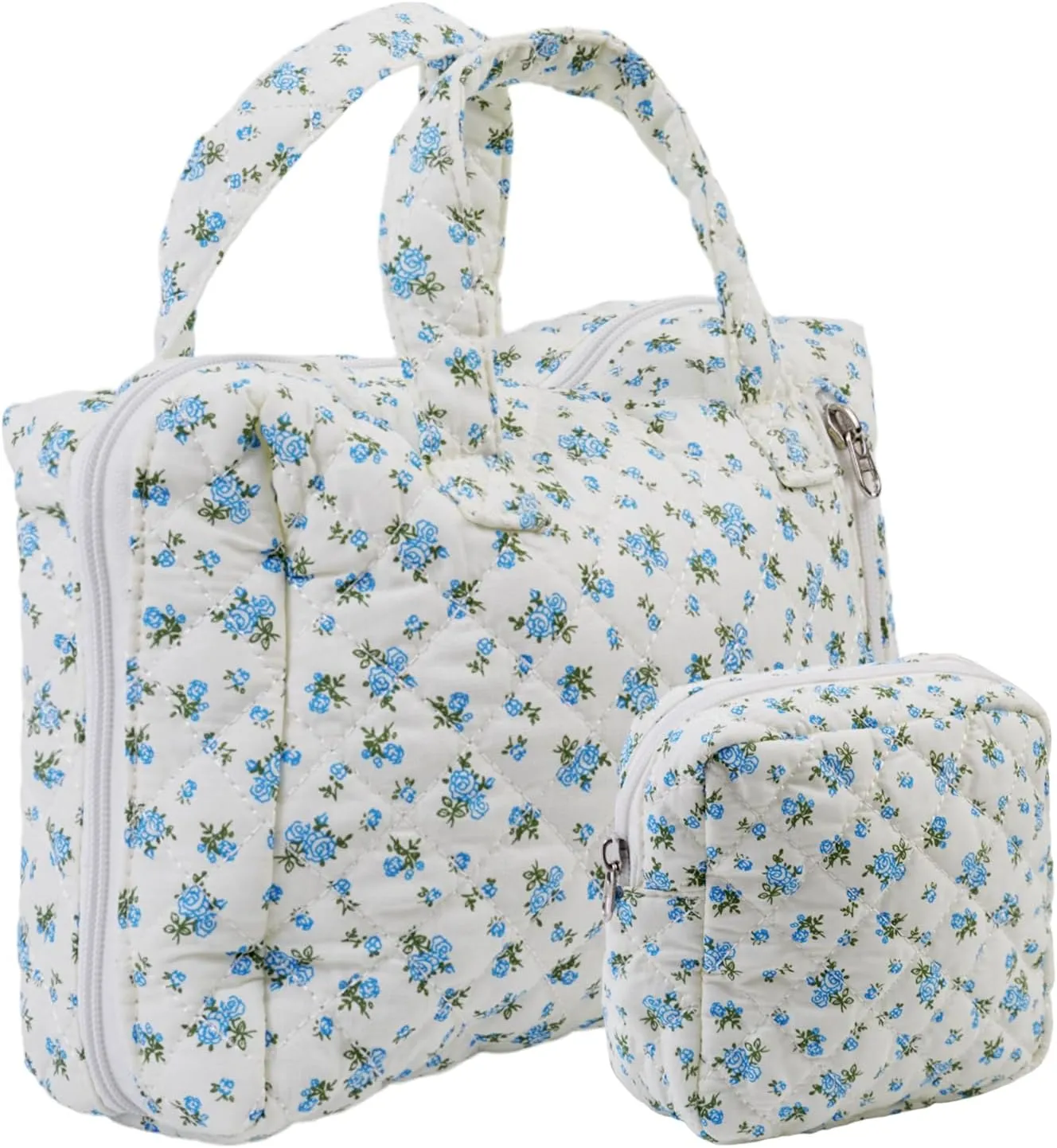 Cute Quilted Floral Makeup Bag(2Pcs)Coquette Aesthetic Cosmetic BagTravel Toiletry Bags Kawaii Aesthetic pouch for Women (13-Blue)