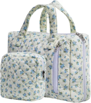 Cute Quilted Floral Makeup Bag(2Pcs)Coquette Aesthetic Cosmetic BagTravel Toiletry Bags Kawaii Aesthetic pouch for Women (13-Blue)