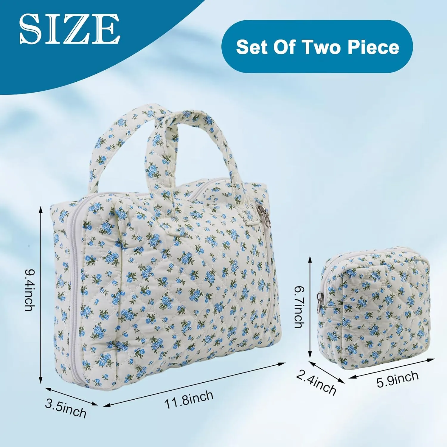 Cute Quilted Floral Makeup Bag(2Pcs)Coquette Aesthetic Cosmetic BagTravel Toiletry Bags Kawaii Aesthetic pouch for Women (13-Blue)
