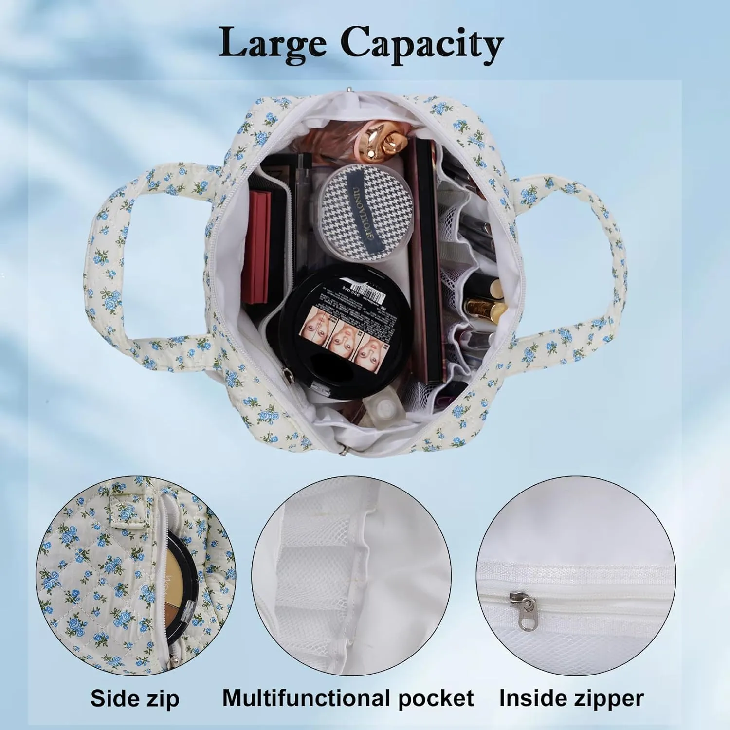 Cute Quilted Floral Makeup Bag(2Pcs)Coquette Aesthetic Cosmetic BagTravel Toiletry Bags Kawaii Aesthetic pouch for Women (13-Blue)