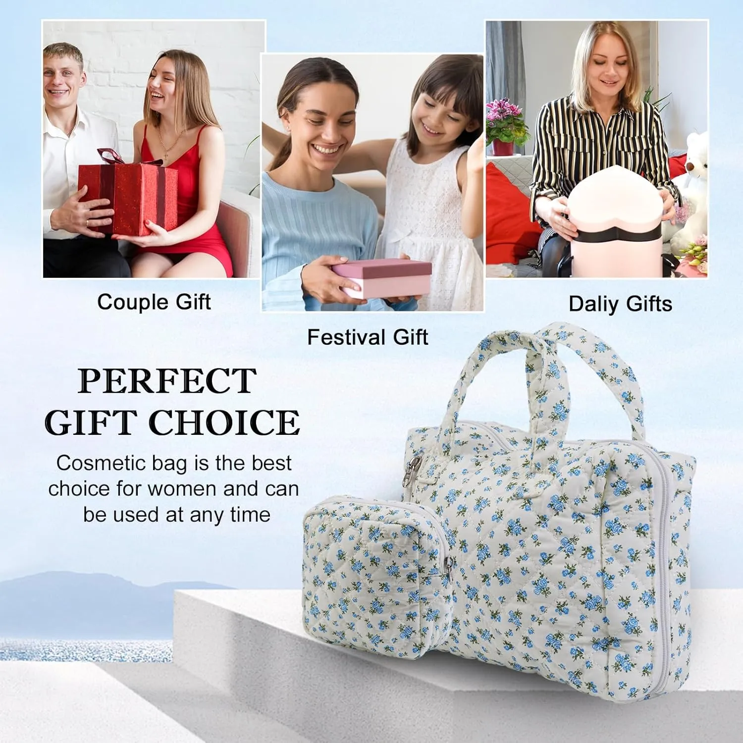 Cute Quilted Floral Makeup Bag(2Pcs)Coquette Aesthetic Cosmetic BagTravel Toiletry Bags Kawaii Aesthetic pouch for Women (13-Blue)