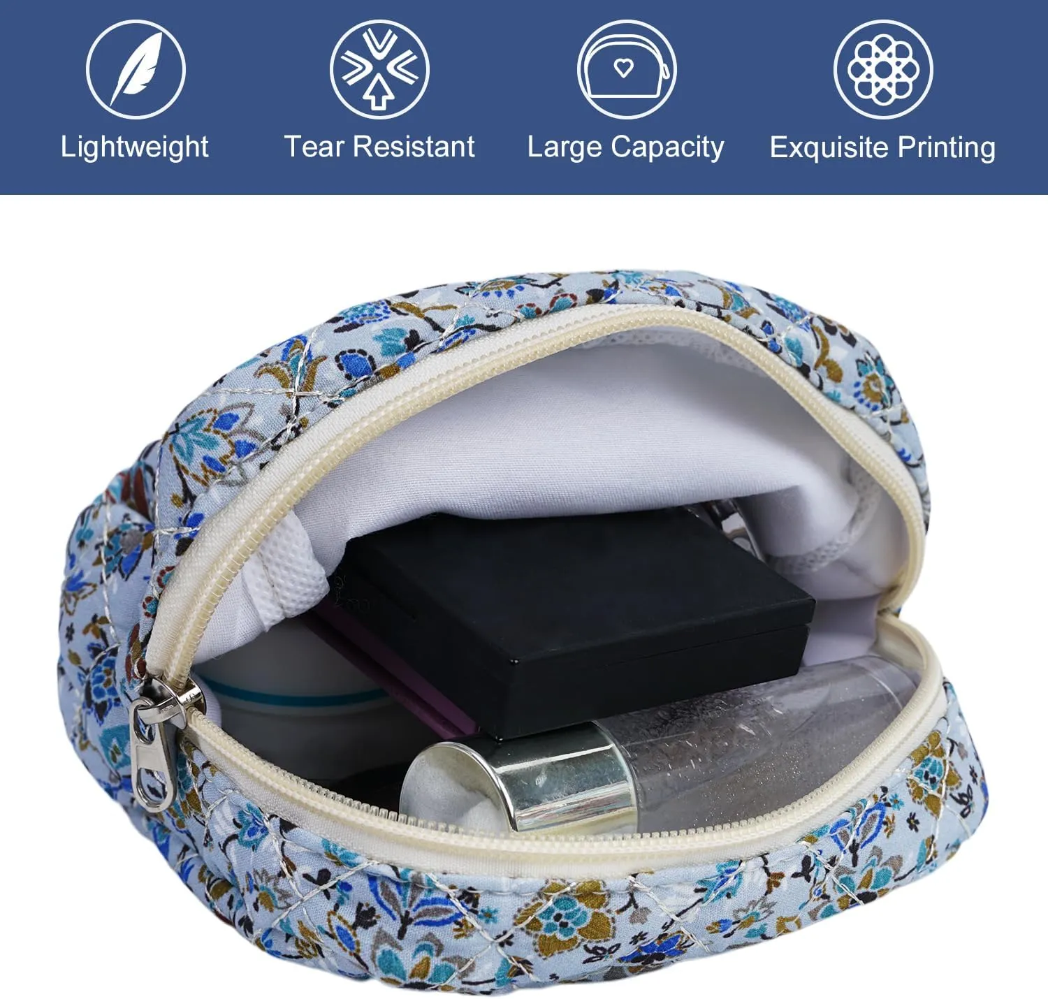Cute Quilted Floral Makeup Bag(2Pcs)Coquette Aesthetic Cosmetic BagTravel Toiletry Bags Kawaii Aesthetic pouch for Women (14-BlueVine)